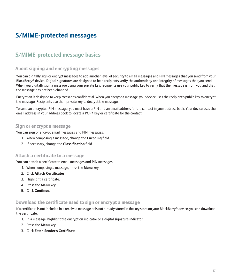 S/mime-protected messages, S/mime-protected message basics, About signing and encrypting messages | Sign or encrypt a message, Attach a certificate to a message | Blackberry Pearl 8100 Series User Manual | Page 19 / 25