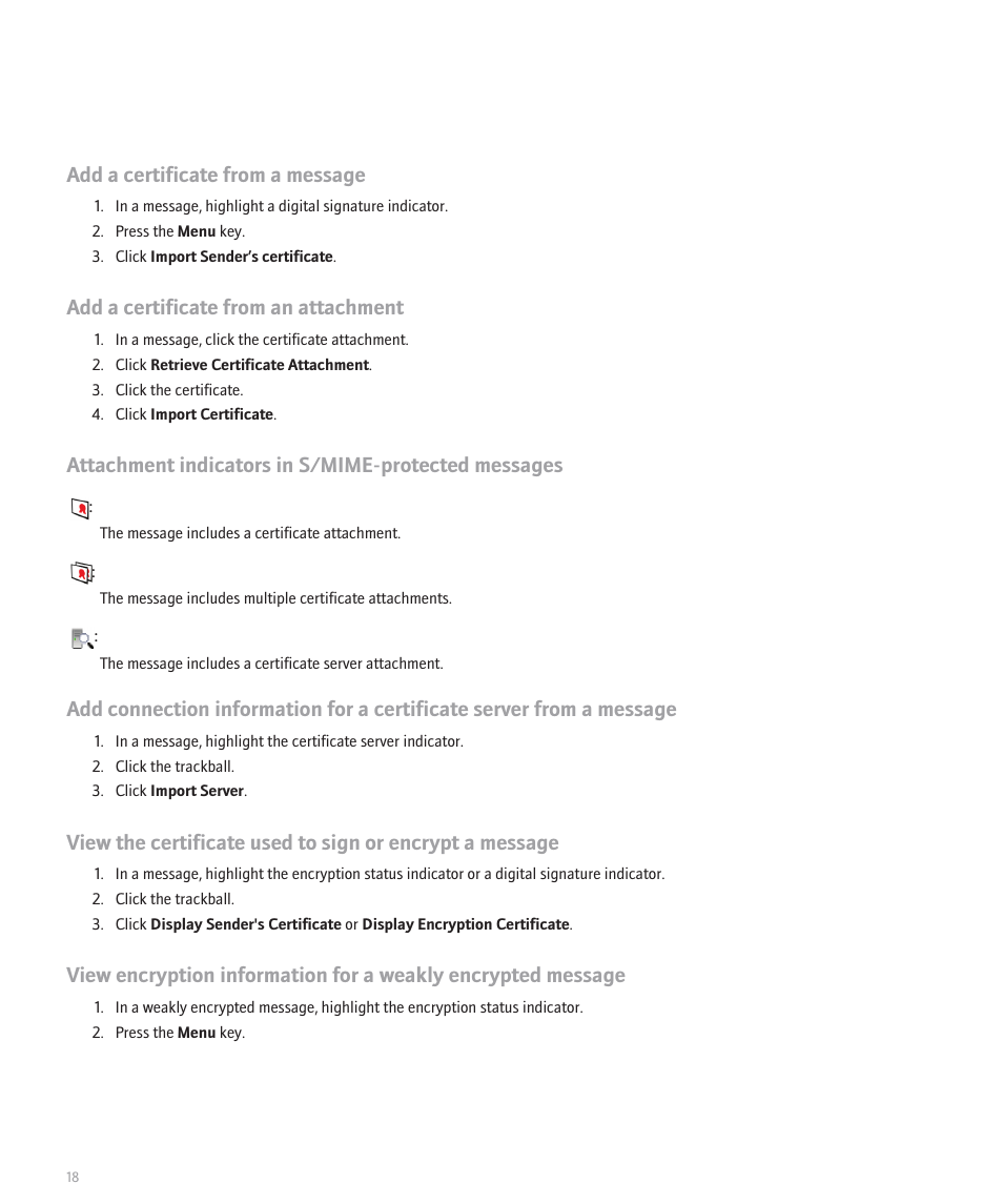 Add a certificate from a message, Add a certificate from an attachment, Attachment indicators in s/mime-protected messages | Blackberry Pearl 8100 Series User Manual | Page 20 / 25