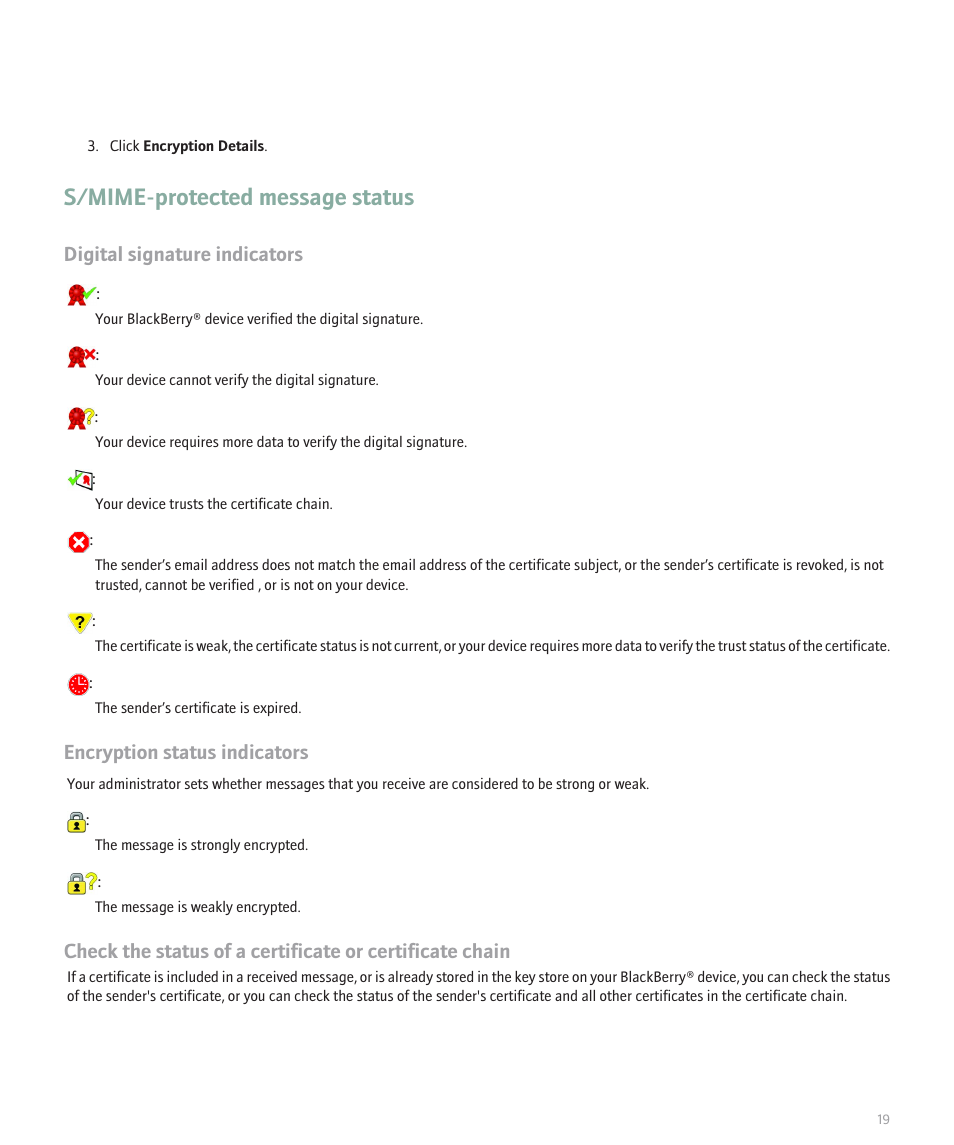 S/mime-protected message status, Digital signature indicators, Encryption status indicators | Blackberry Pearl 8100 Series User Manual | Page 21 / 25