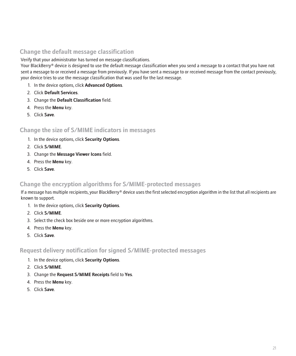 Change the default message classification, Change the size of s/mime indicators in messages | Blackberry Pearl 8100 Series User Manual | Page 23 / 25