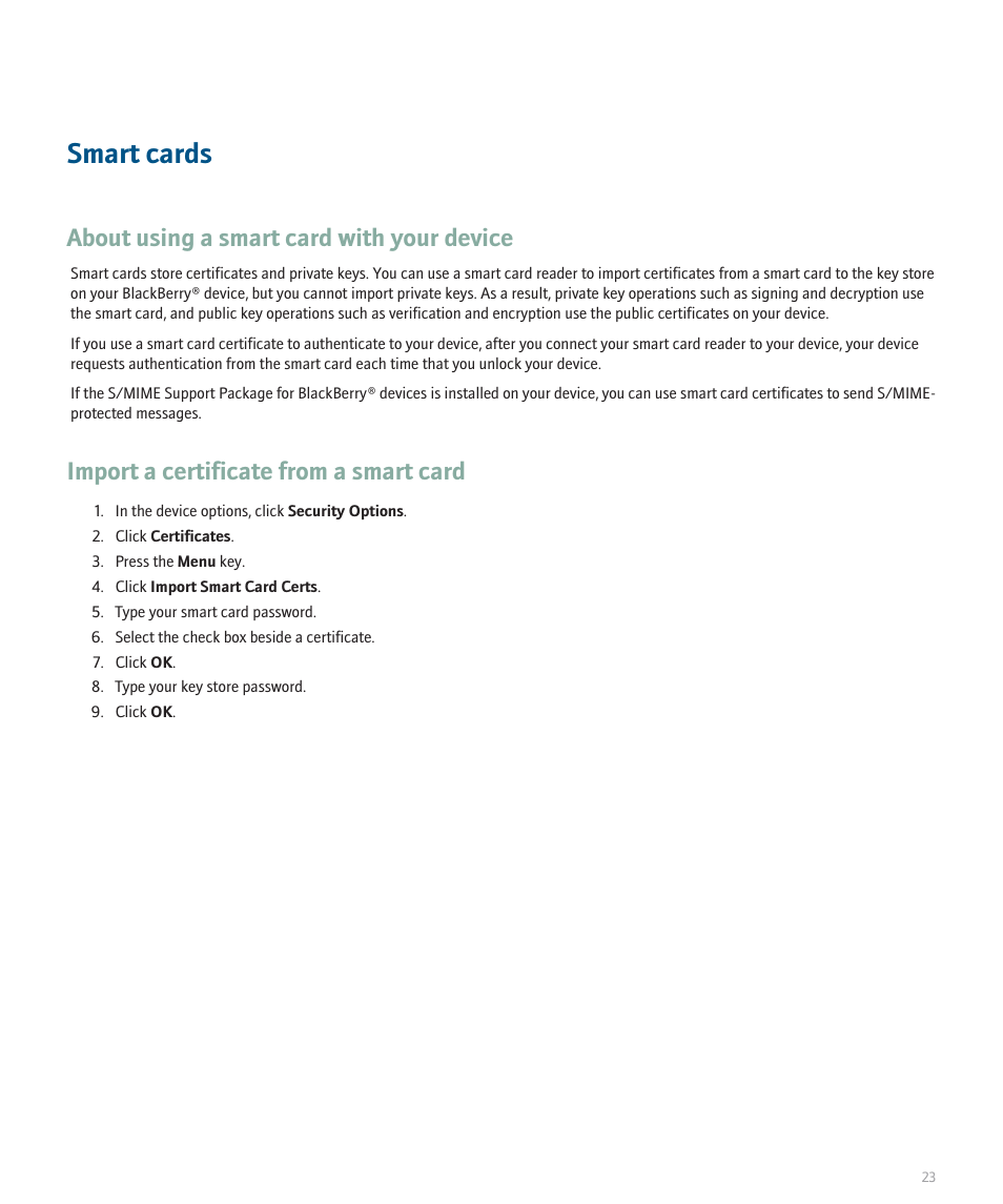 Smart cards, About using a smart card with your device, Import a certificate from a smart card | Blackberry Pearl 8100 Series User Manual | Page 25 / 25