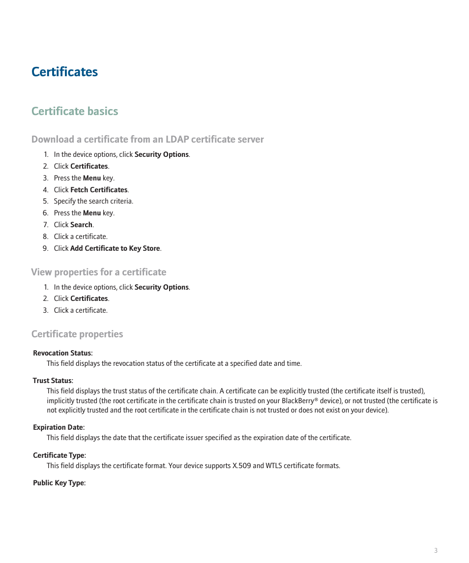 Certificates, Certificate basics, View properties for a certificate | Certificate properties | Blackberry Pearl 8100 Series User Manual | Page 5 / 25