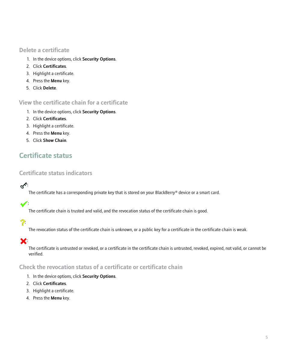 Certificate status, Delete a certificate, View the certificate chain for a certificate | Certificate status indicators | Blackberry Pearl 8100 Series User Manual | Page 7 / 25