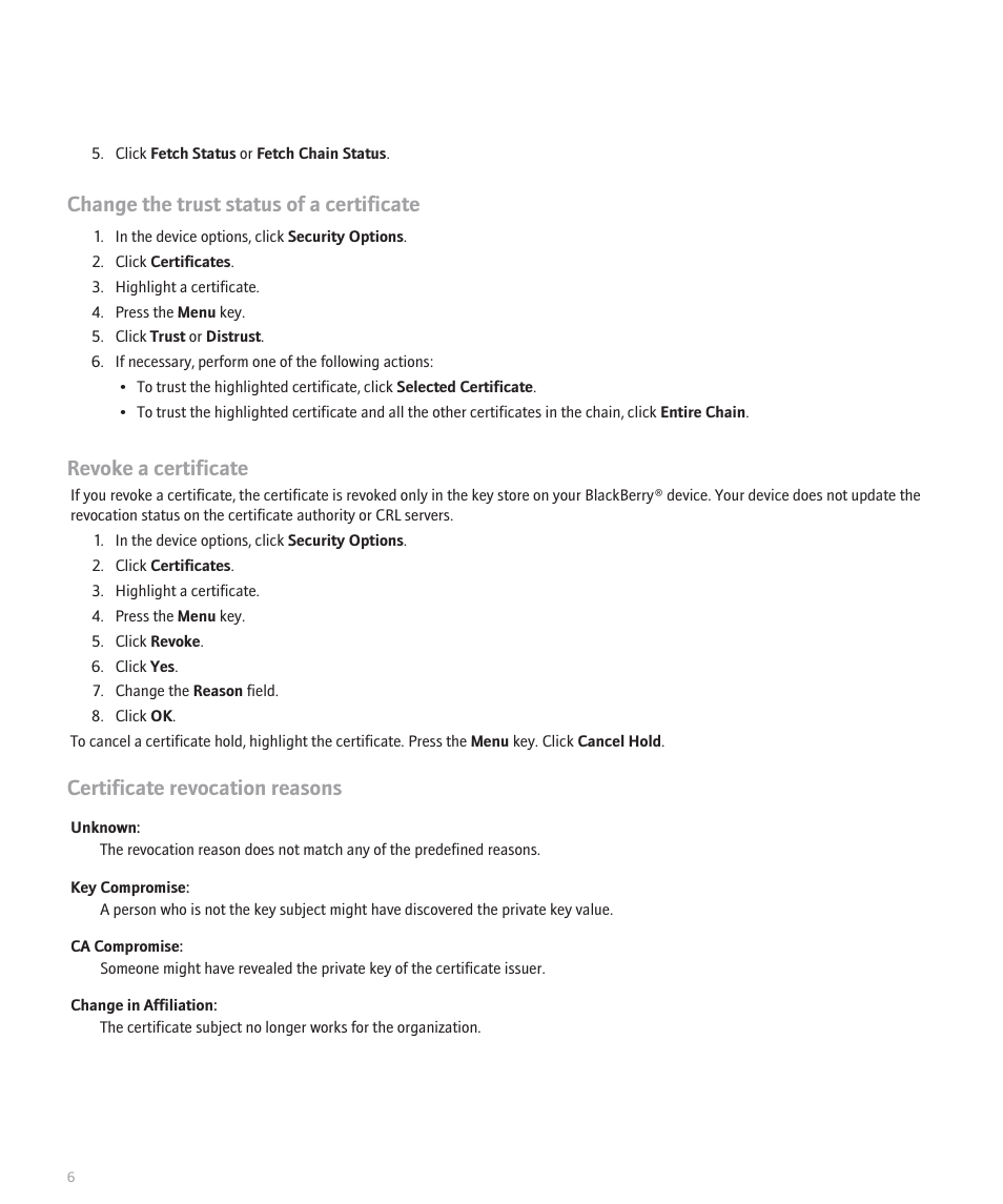 Change the trust status of a certificate, Revoke a certificate, Certificate revocation reasons | Blackberry Pearl 8100 Series User Manual | Page 8 / 25