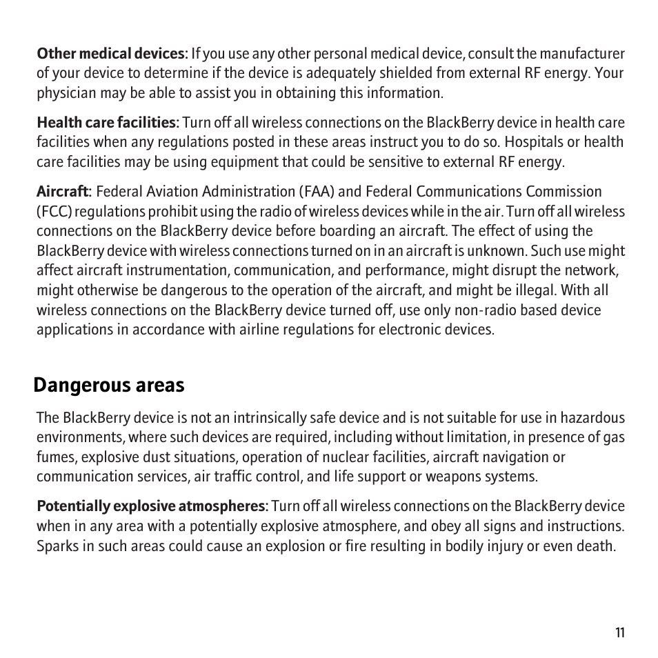 Dangerous areas | Blackberry Storm 9530 User Manual | Page 13 / 36