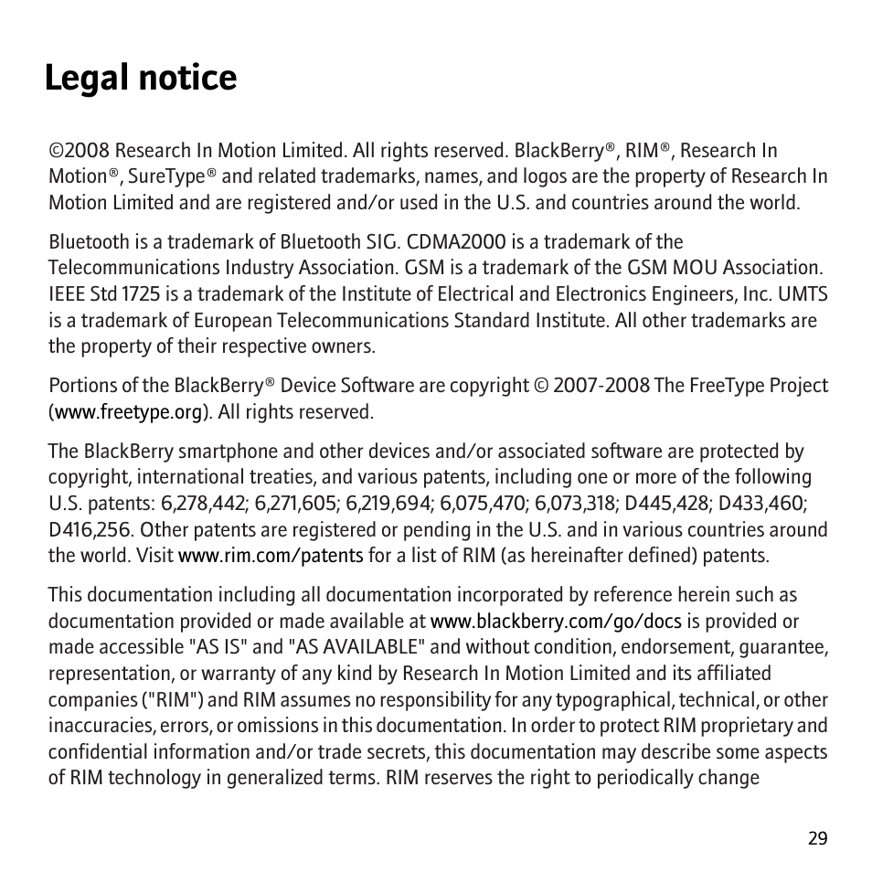 Legal notice | Blackberry Storm 9530 User Manual | Page 31 / 36