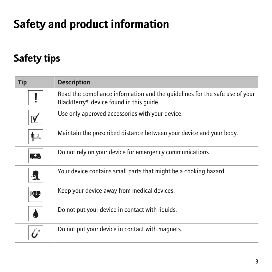 Safety and product information, Safety tips | Blackberry Storm 9530 User Manual | Page 5 / 36