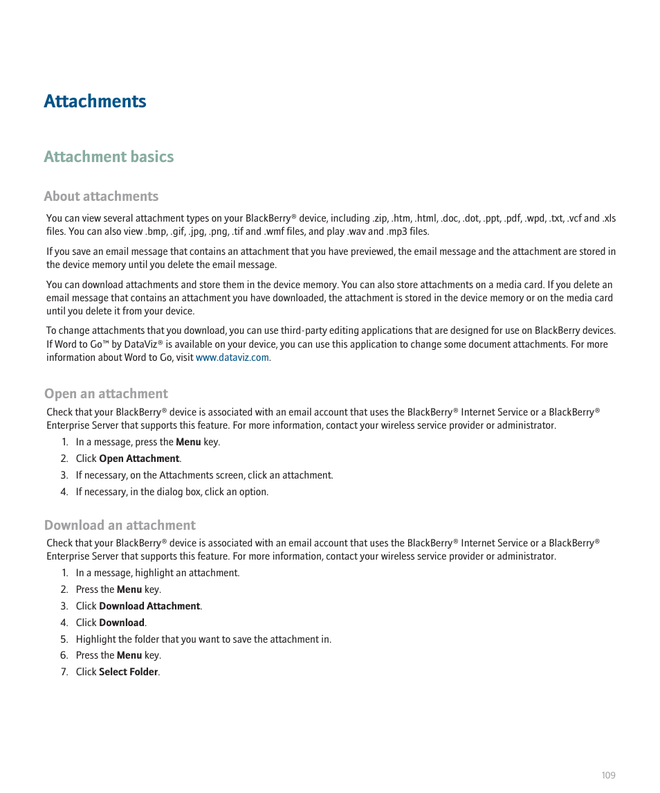 Attachments, Attachment basics, About attachments | Open an attachment, Download an attachment | Blackberry Pearl 8100 User Manual | Page 111 / 283