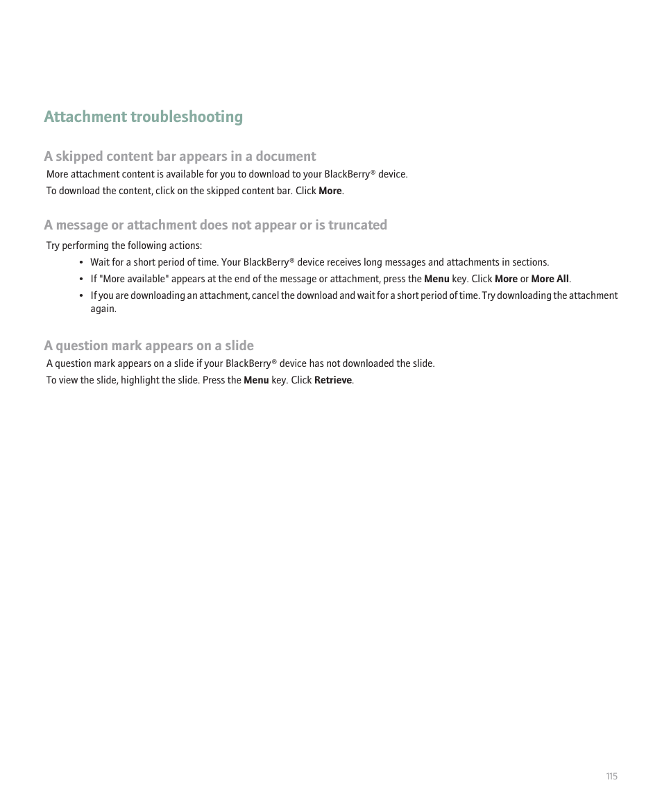 Attachment troubleshooting | Blackberry Pearl 8100 User Manual | Page 117 / 283