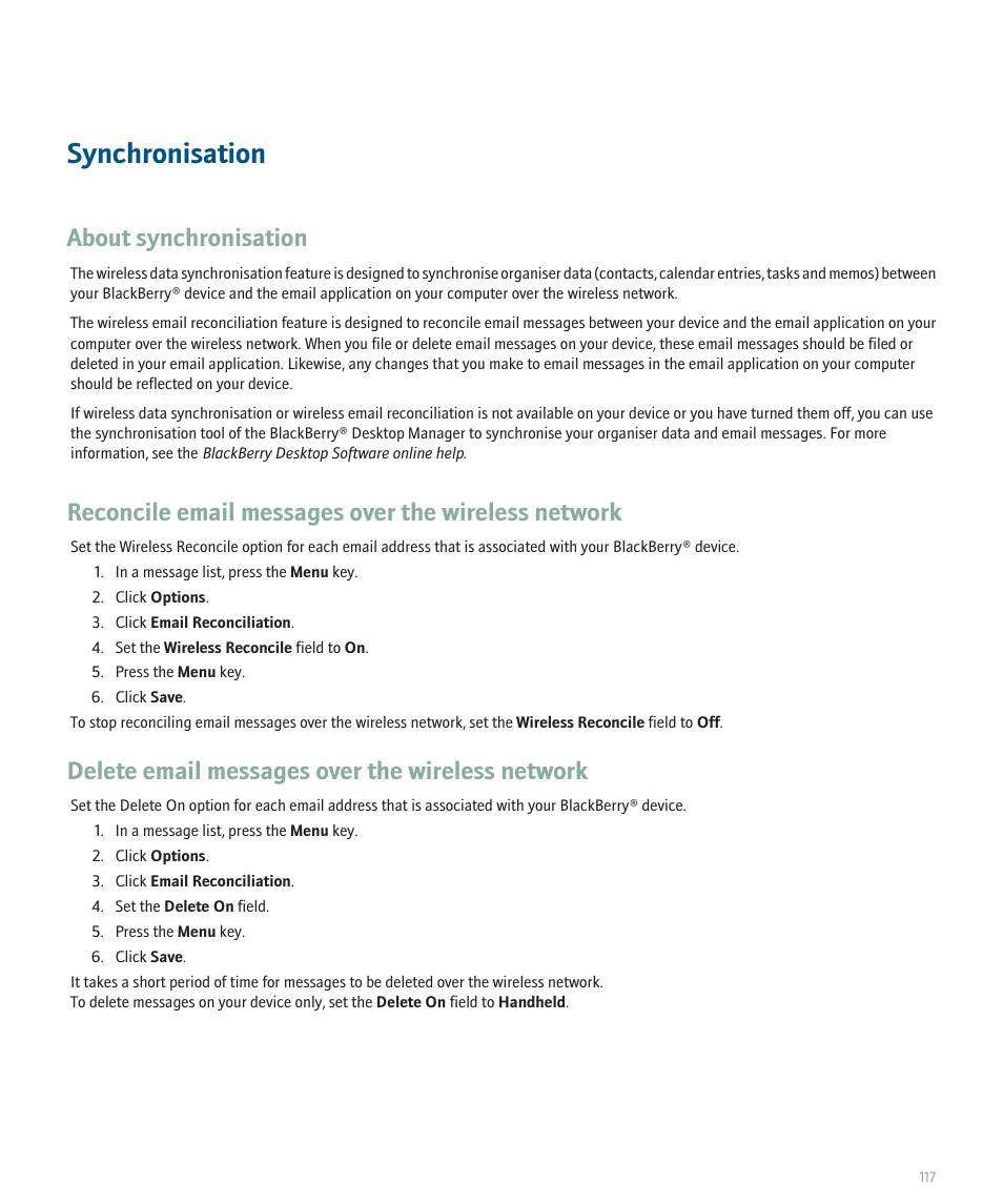 Synchronisation, About synchronisation, Reconcile email messages over the wireless network | Delete email messages over the wireless network | Blackberry Pearl 8100 User Manual | Page 119 / 283