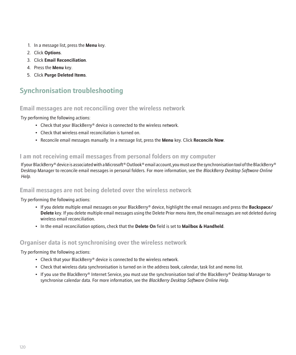 Synchronisation troubleshooting | Blackberry Pearl 8100 User Manual | Page 122 / 283