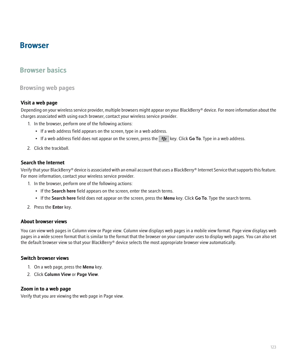 Browser, Browser basics, Browsing web pages | Blackberry Pearl 8100 User Manual | Page 125 / 283