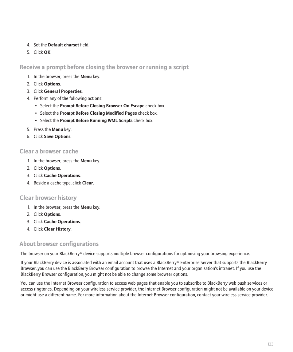 Clear a browser cache, Clear browser history, About browser configurations | Blackberry Pearl 8100 User Manual | Page 135 / 283