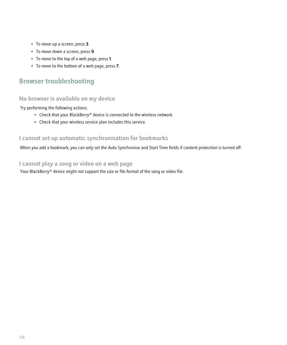 Browser troubleshooting | Blackberry Pearl 8100 User Manual | Page 140 / 283