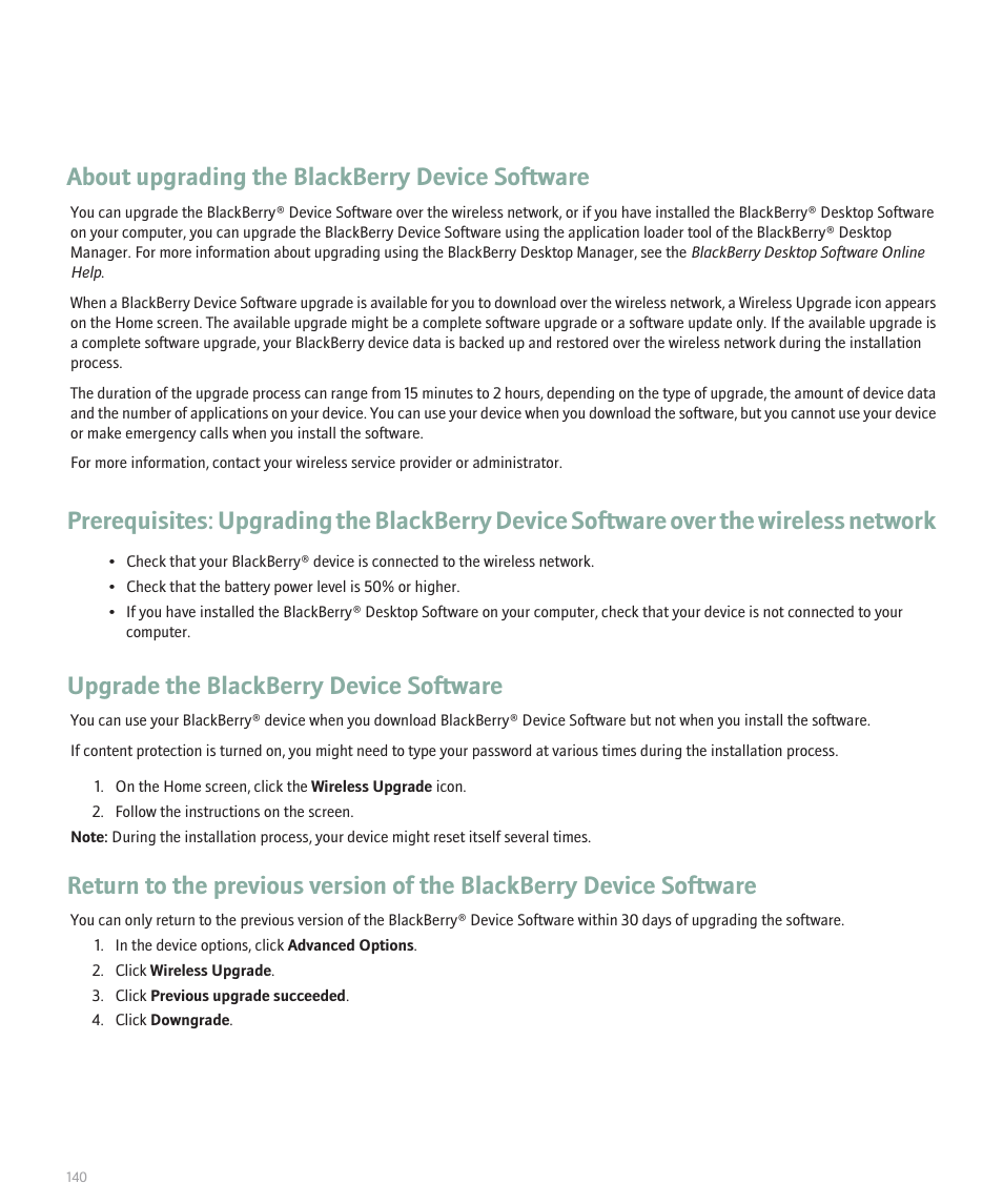 About upgrading the blackberry device software, Upgrade the blackberry device software | Blackberry Pearl 8100 User Manual | Page 142 / 283