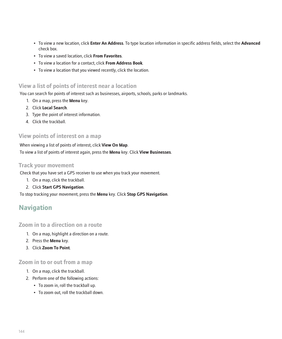 Navigation, View a list of points of interest near a location, View points of interest on a map | Track your movement, Zoom in to a direction on a route, Zoom in to or out from a map | Blackberry Pearl 8100 User Manual | Page 146 / 283