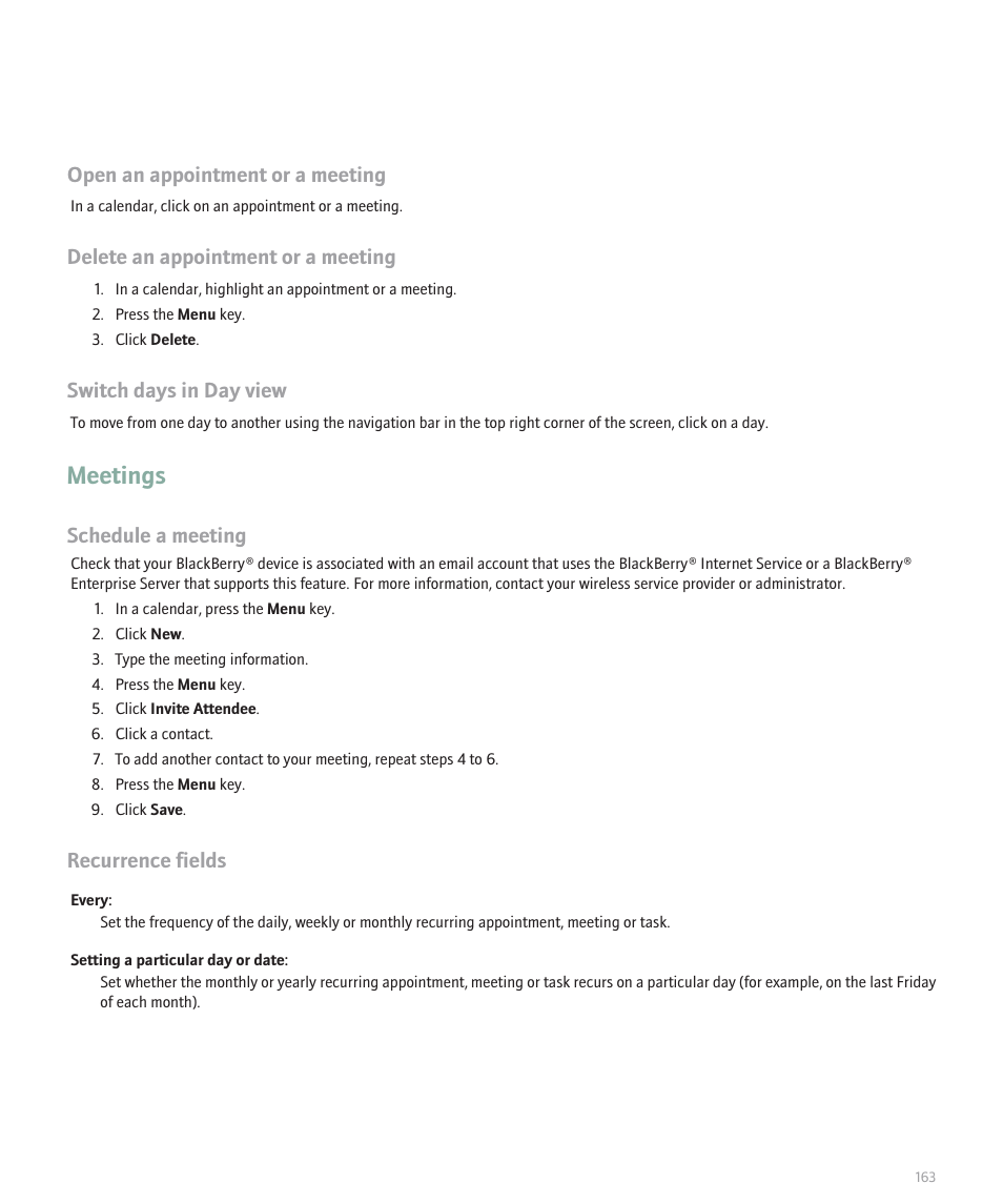 Meetings, Open an appointment or a meeting, Delete an appointment or a meeting | Switch days in day view, Schedule a meeting, Recurrence fields | Blackberry Pearl 8100 User Manual | Page 165 / 283