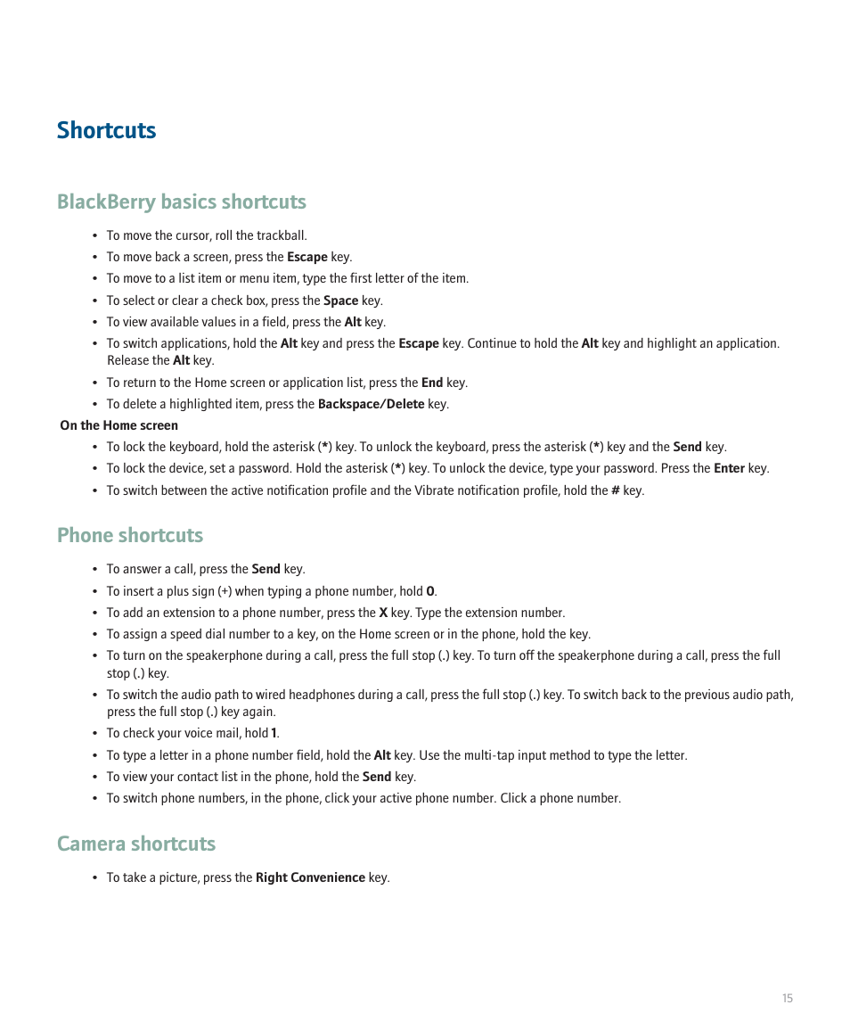 Shortcuts, Blackberry basics shortcuts, Phone shortcuts | Camera shortcuts | Blackberry Pearl 8100 User Manual | Page 17 / 283