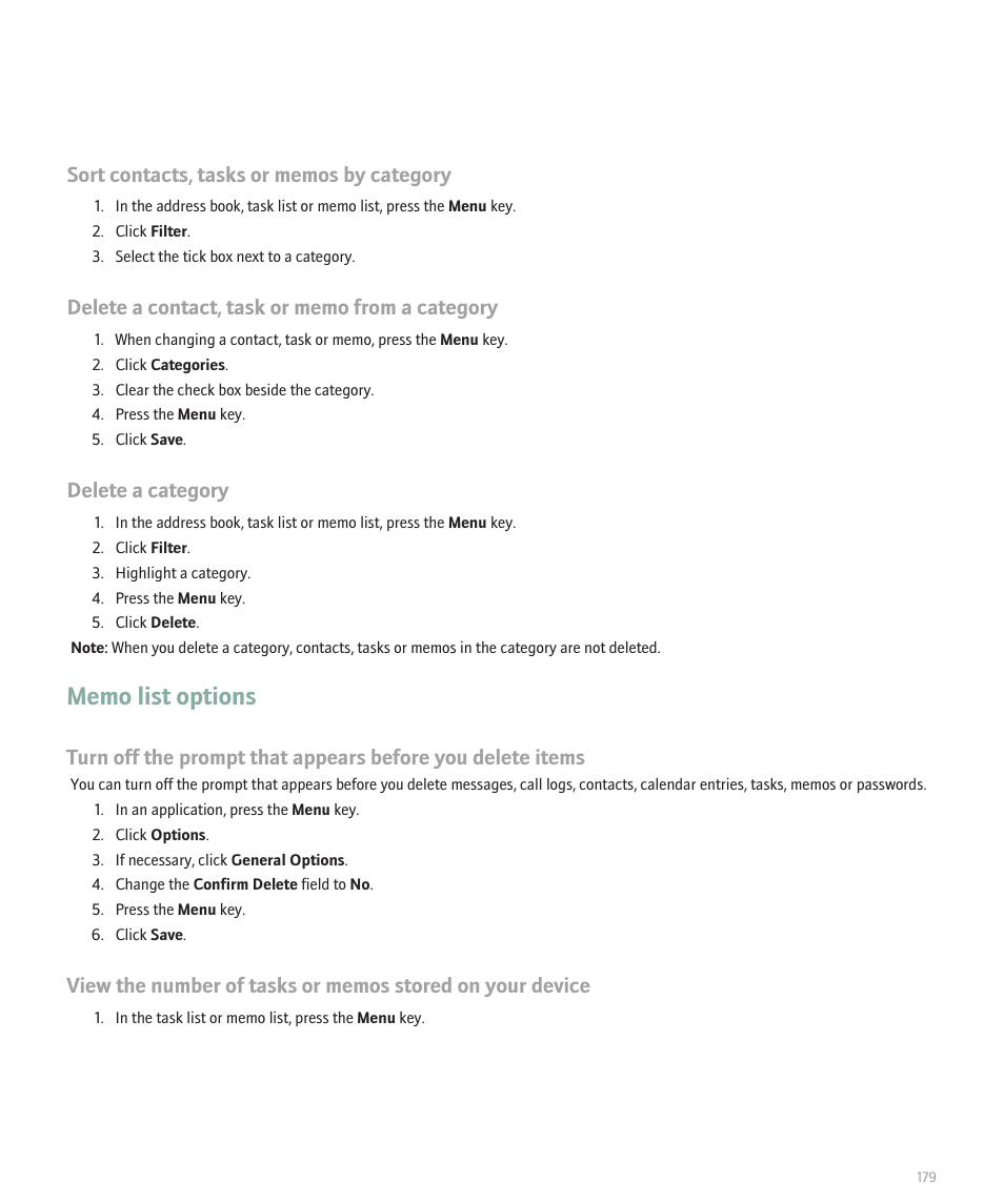 Memo list options, Delete a category | Blackberry Pearl 8100 User Manual | Page 181 / 283