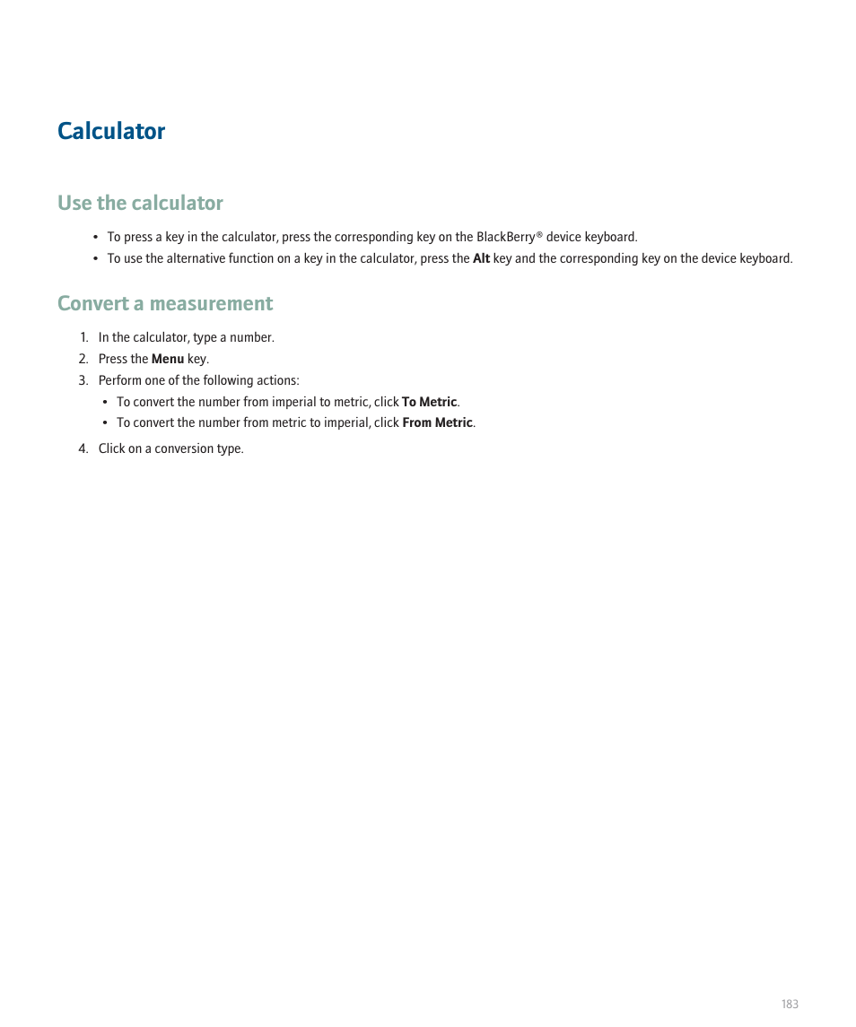 Calculator, Use the calculator, Convert a measurement | Blackberry Pearl 8100 User Manual | Page 185 / 283