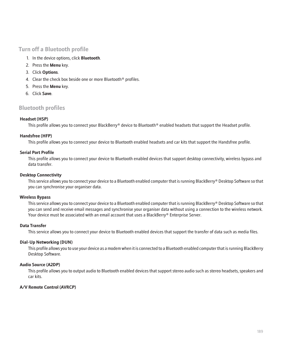 Turn off a bluetooth profile, Bluetooth profiles | Blackberry Pearl 8100 User Manual | Page 191 / 283