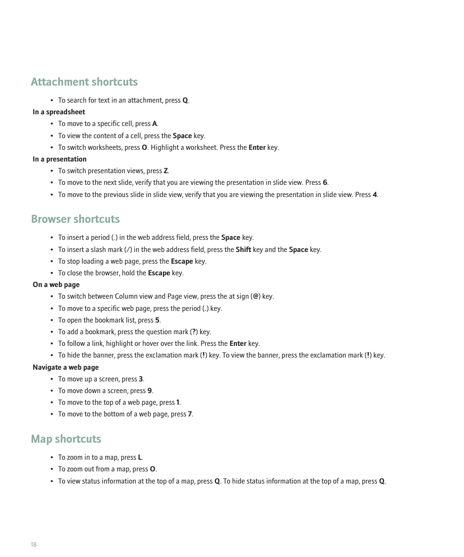 Attachment shortcuts, Browser shortcuts, Map shortcuts | Blackberry Pearl 8100 User Manual | Page 20 / 283