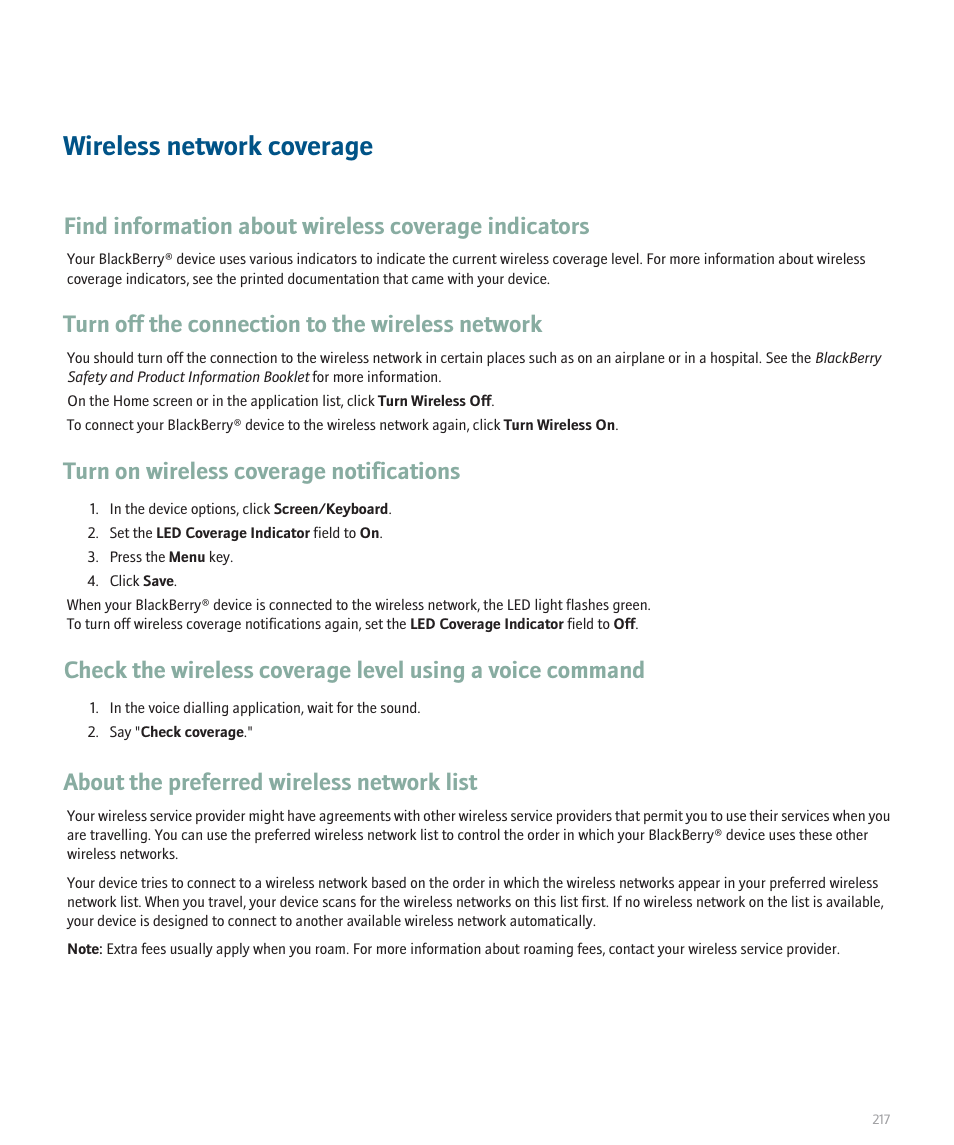 Wireless network coverage, Turn off the connection to the wireless network, Turn on wireless coverage notifications | About the preferred wireless network list | Blackberry Pearl 8100 User Manual | Page 219 / 283