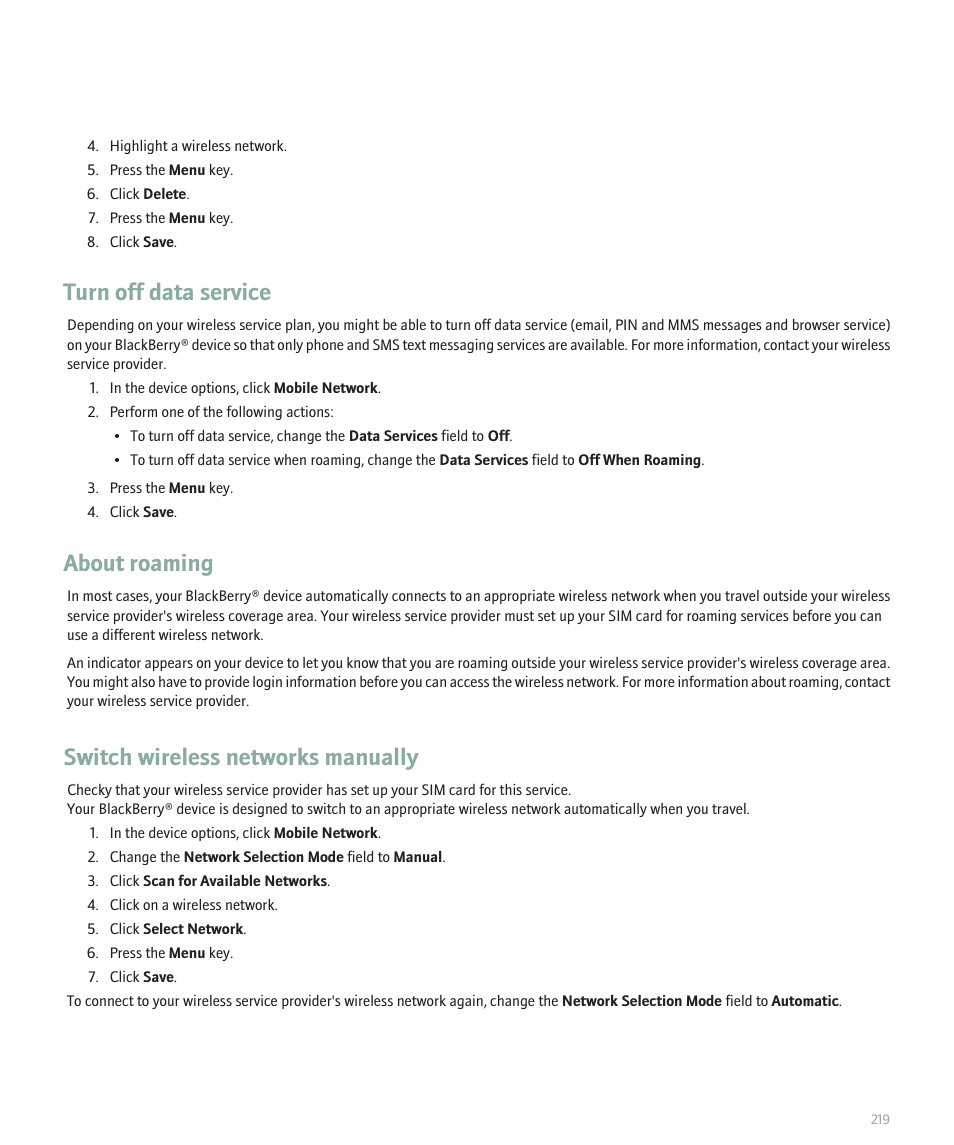 Turn off data service, About roaming, Switch wireless networks manually | Blackberry Pearl 8100 User Manual | Page 221 / 283