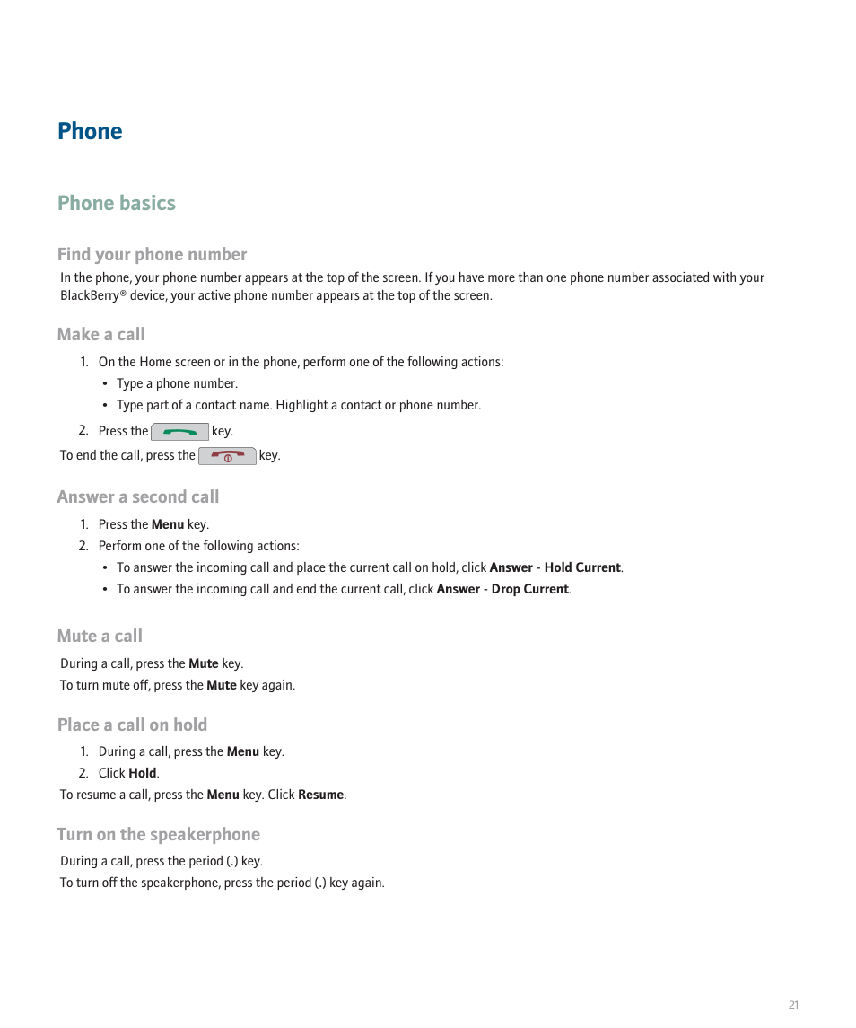 Phone, Phone basics, Find your phone number | Make a call, Answer a second call, Mute a call, Place a call on hold, Turn on the speakerphone | Blackberry Pearl 8100 User Manual | Page 23 / 283