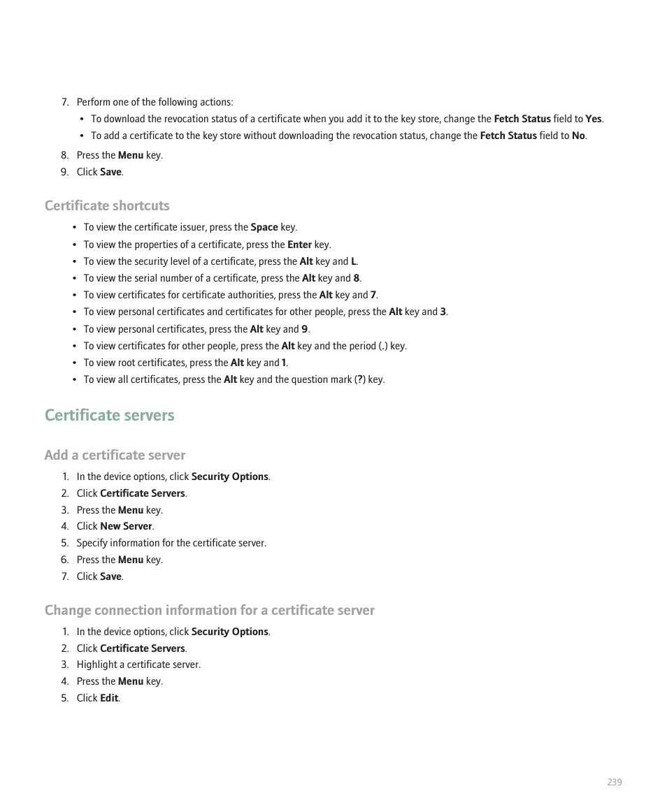 Certificate servers, Certificate shortcuts, Add a certificate server | Blackberry Pearl 8100 User Manual | Page 241 / 283