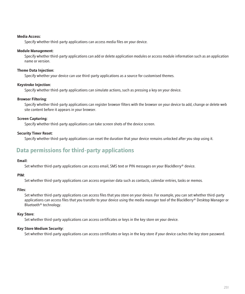 Data permissions for third-party applications | Blackberry Pearl 8100 User Manual | Page 253 / 283