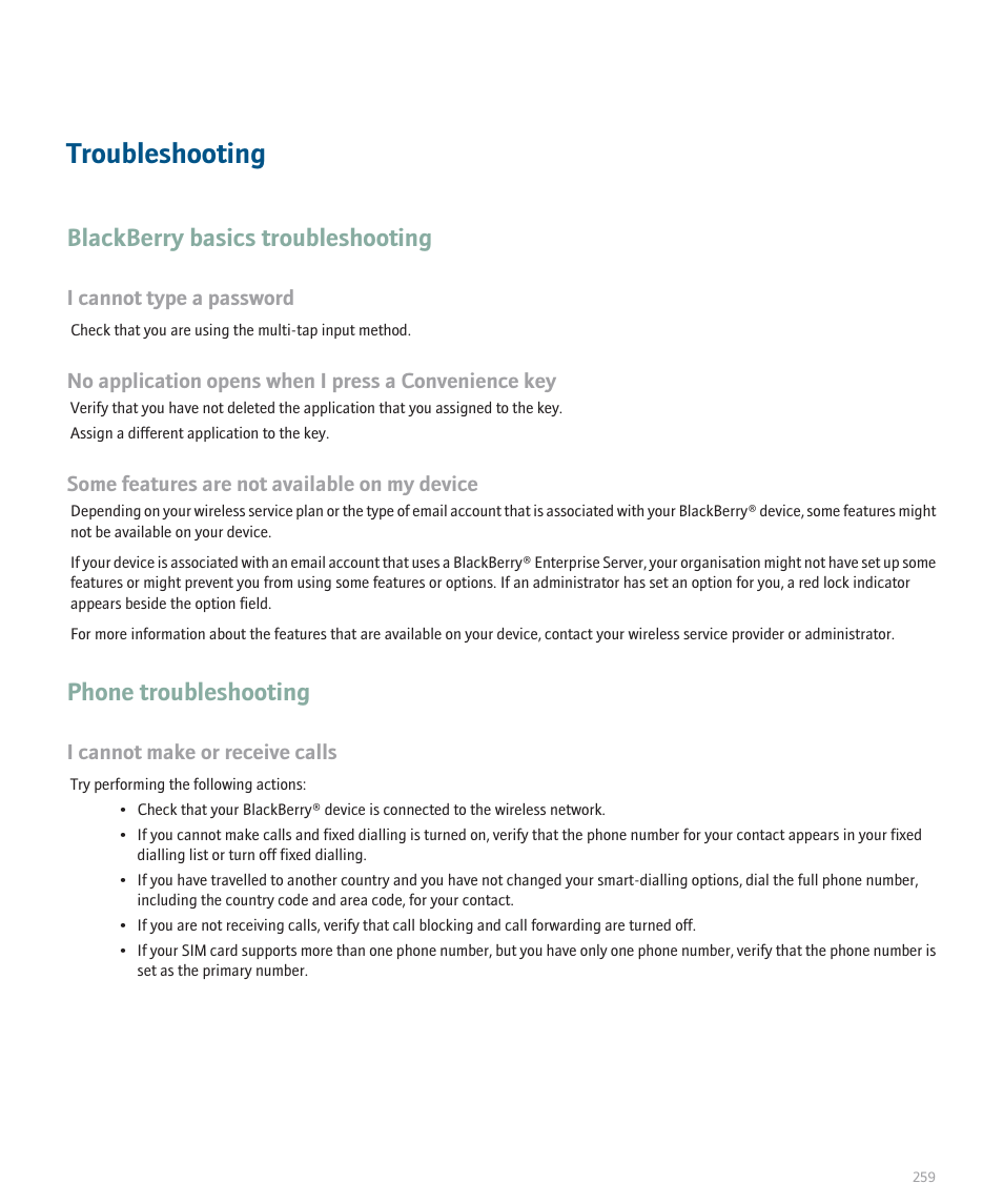 Troubleshooting, Blackberry basics troubleshooting, Phone troubleshooting | Blackberry Pearl 8100 User Manual | Page 261 / 283