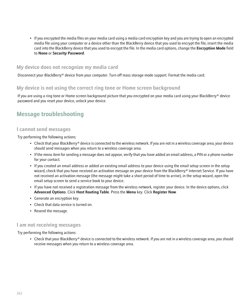 Message troubleshooting, My device does not recognize my media card, I cannot send messages | I am not receiving messages | Blackberry Pearl 8100 User Manual | Page 264 / 283