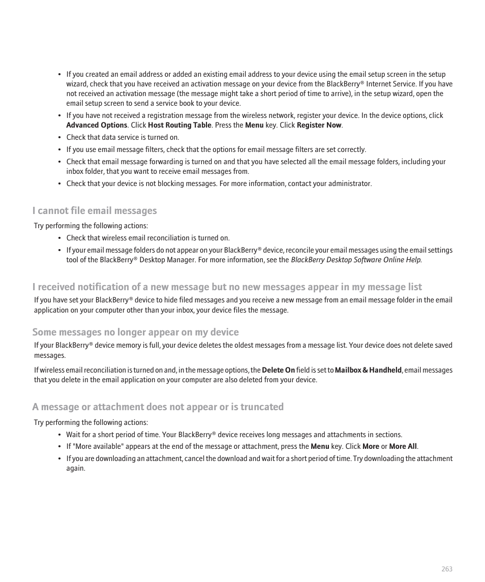 I cannot file email messages, Some messages no longer appear on my device | Blackberry Pearl 8100 User Manual | Page 265 / 283