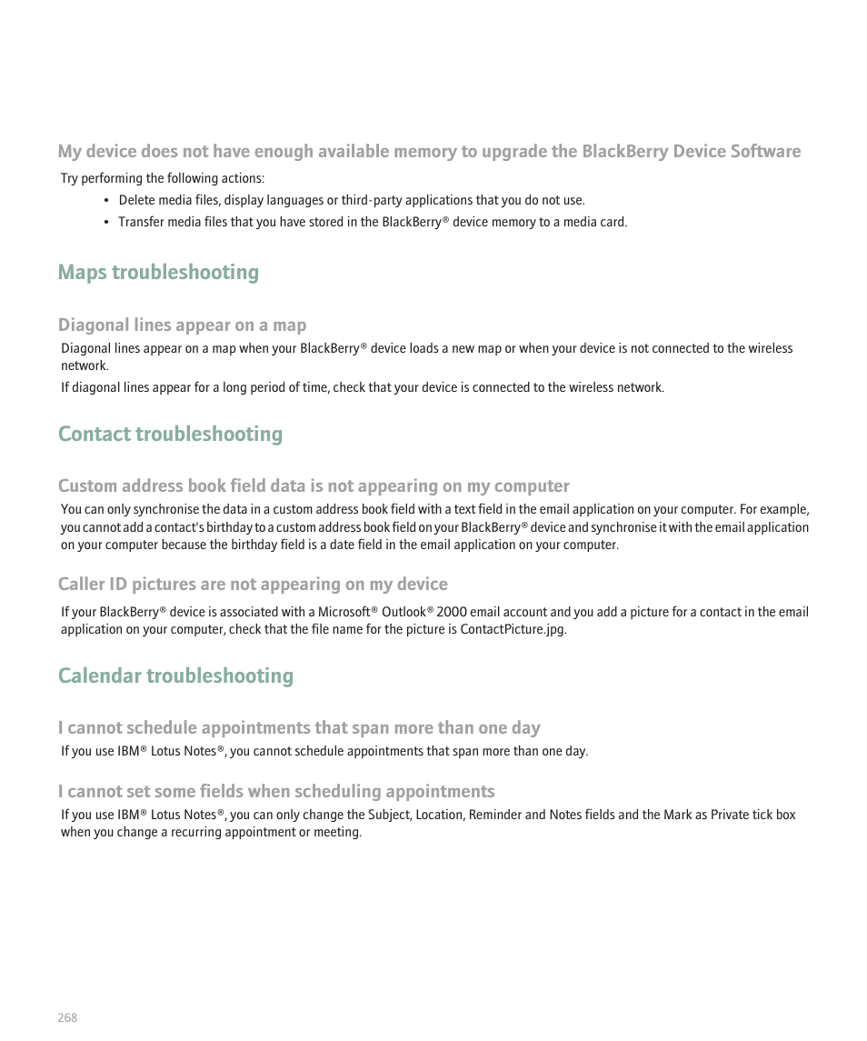 Maps troubleshooting, Contact troubleshooting, Calendar troubleshooting | Blackberry Pearl 8100 User Manual | Page 270 / 283
