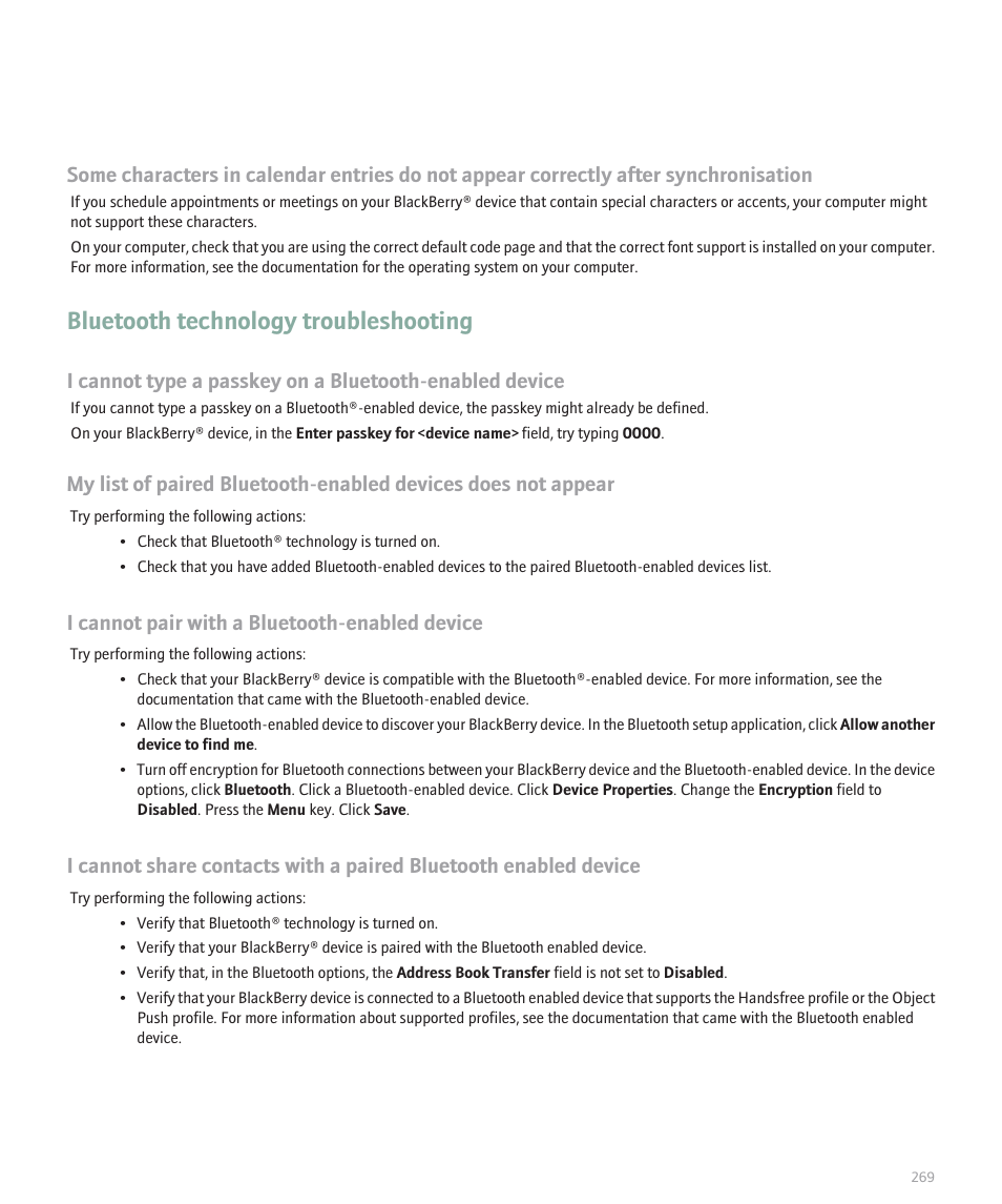 Bluetooth technology troubleshooting, I cannot pair with a bluetooth-enabled device | Blackberry Pearl 8100 User Manual | Page 271 / 283