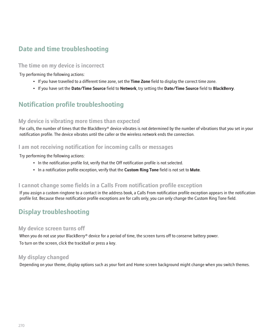 Date and time troubleshooting, Notification profile troubleshooting, Display troubleshooting | Blackberry Pearl 8100 User Manual | Page 272 / 283