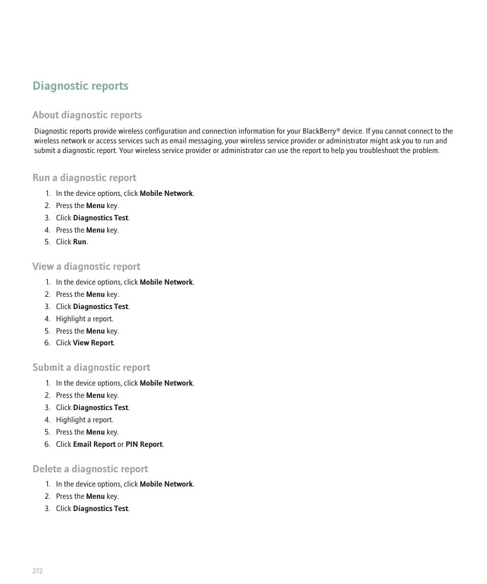 Diagnostic reports, About diagnostic reports, Run a diagnostic report | View a diagnostic report, Submit a diagnostic report, Delete a diagnostic report | Blackberry Pearl 8100 User Manual | Page 274 / 283