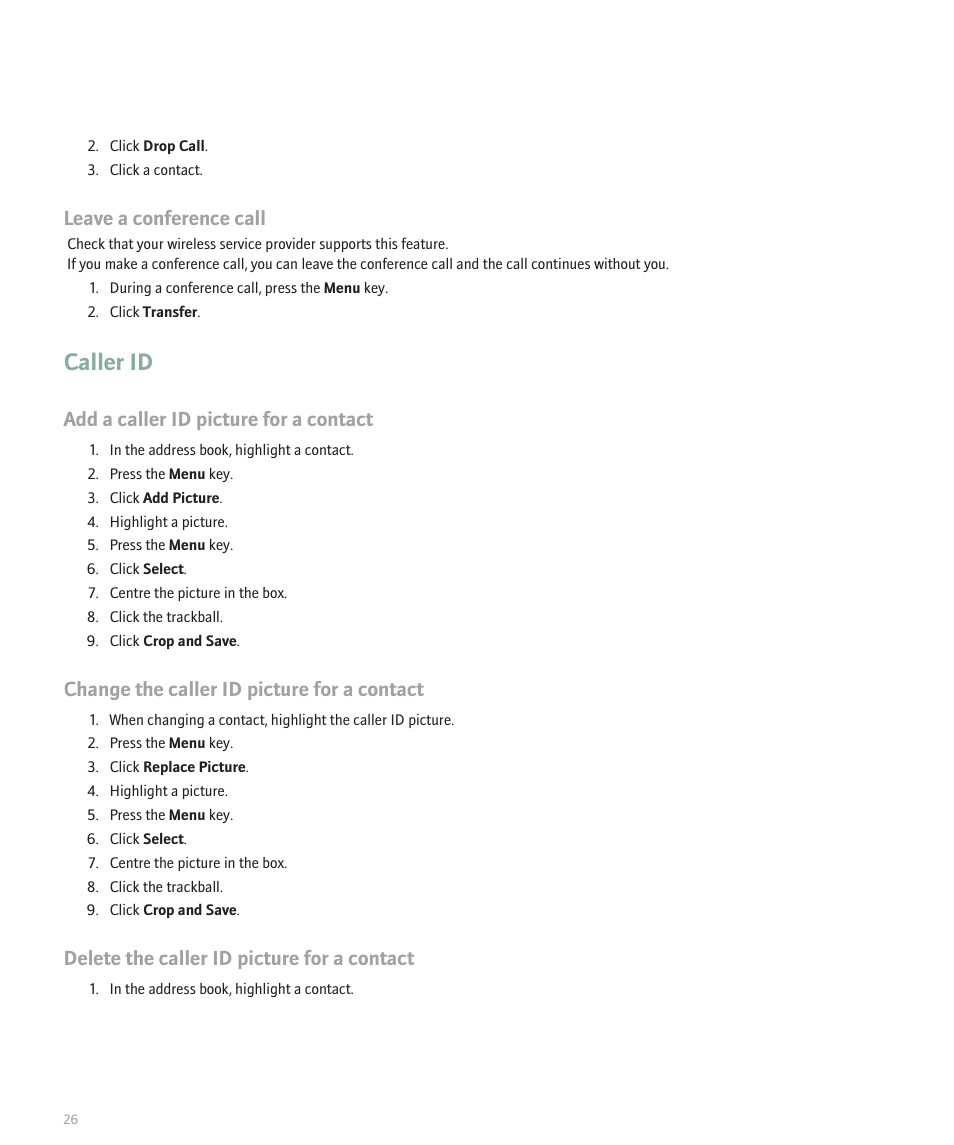Caller id, Leave a conference call, Add a caller id picture for a contact | Change the caller id picture for a contact, Delete the caller id picture for a contact | Blackberry Pearl 8100 User Manual | Page 28 / 283