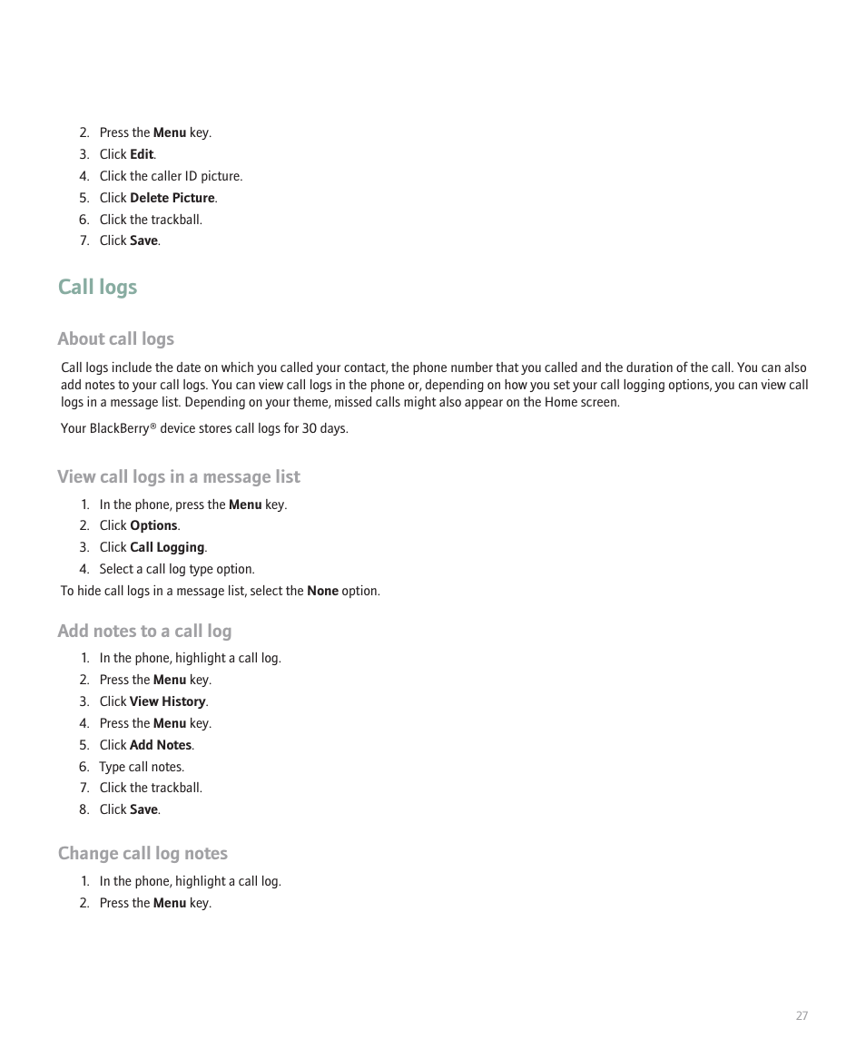 Call logs, About call logs, View call logs in a message list | Blackberry Pearl 8100 User Manual | Page 29 / 283