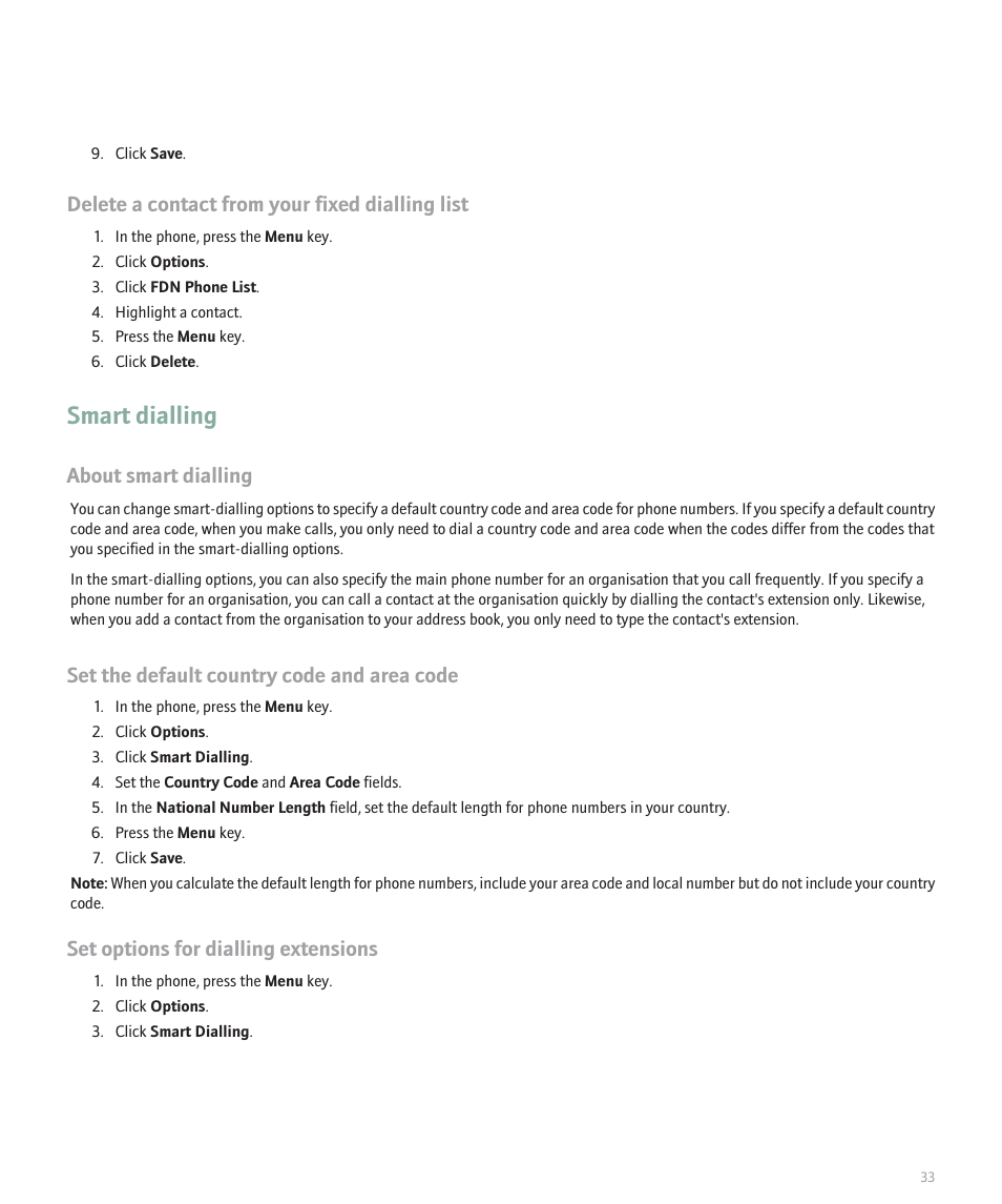 Smart dialling, Delete a contact from your fixed dialling list, About smart dialling | Set the default country code and area code, Set options for dialling extensions | Blackberry Pearl 8100 User Manual | Page 35 / 283