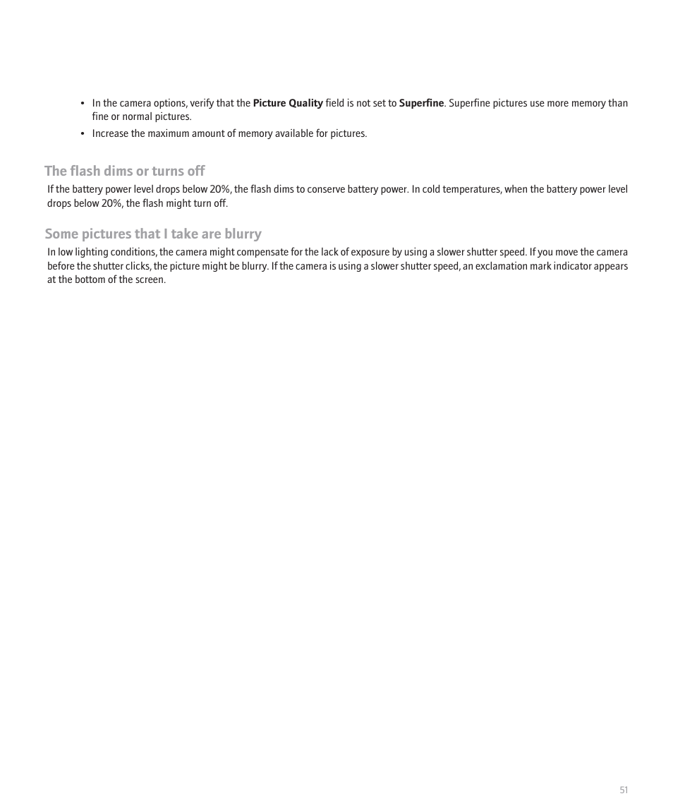 The flash dims or turns off, Some pictures that i take are blurry | Blackberry Pearl 8100 User Manual | Page 53 / 283