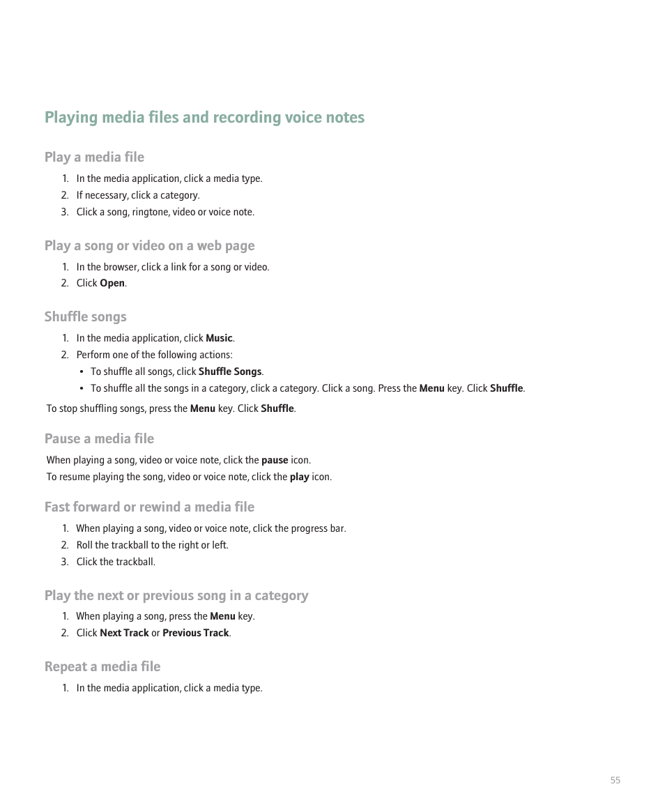 Playing media files and recording voice notes, Play a media file, Play a song or video on a web page | Shuffle songs, Pause a media file, Fast forward or rewind a media file, Play the next or previous song in a category, Repeat a media file | Blackberry Pearl 8100 User Manual | Page 57 / 283