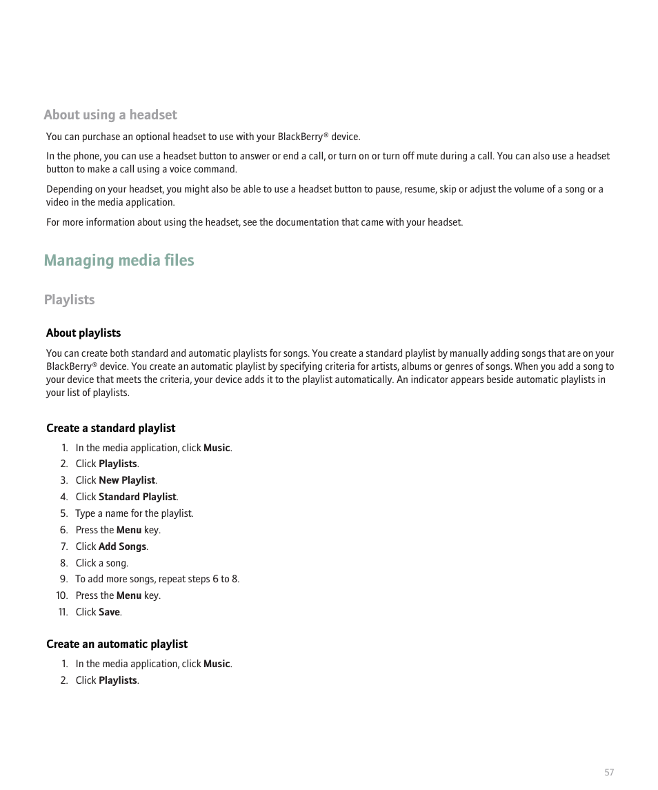Managing media files, About using a headset, Playlists | Blackberry Pearl 8100 User Manual | Page 59 / 283