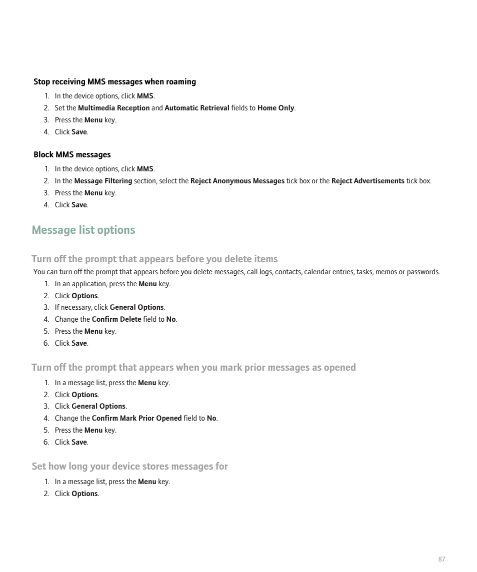 Message list options, Set how long your device stores messages for | Blackberry Pearl 8100 User Manual | Page 89 / 283