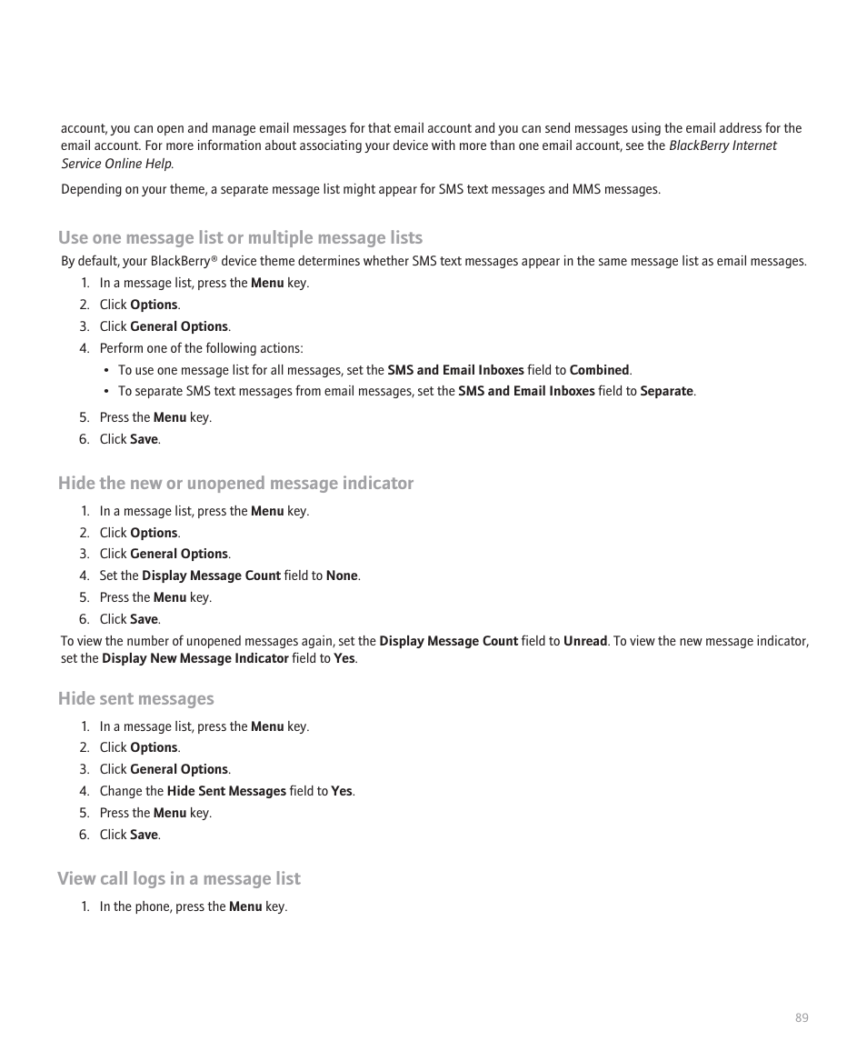 Use one message list or multiple message lists, Hide the new or unopened message indicator, Hide sent messages | View call logs in a message list | Blackberry Pearl 8100 User Manual | Page 91 / 283