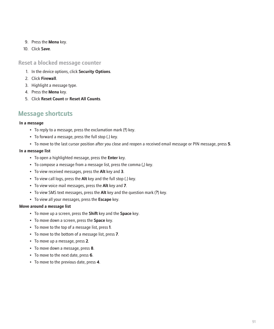 Message shortcuts, Reset a blocked message counter | Blackberry Pearl 8100 User Manual | Page 93 / 283