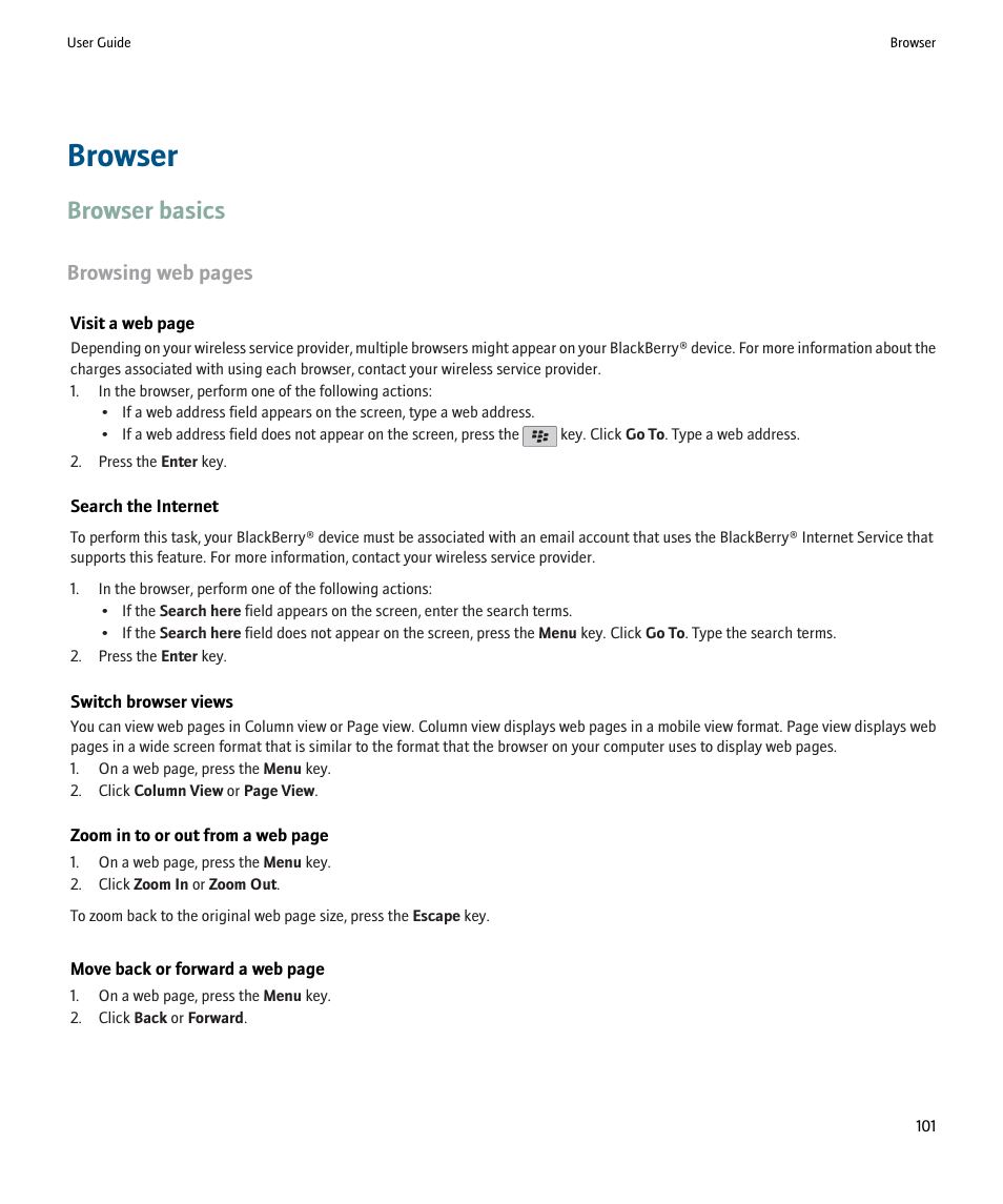 Browser, Browser basics, Browsing web pages | Blackberry Pearl 8220 User Manual | Page 103 / 277