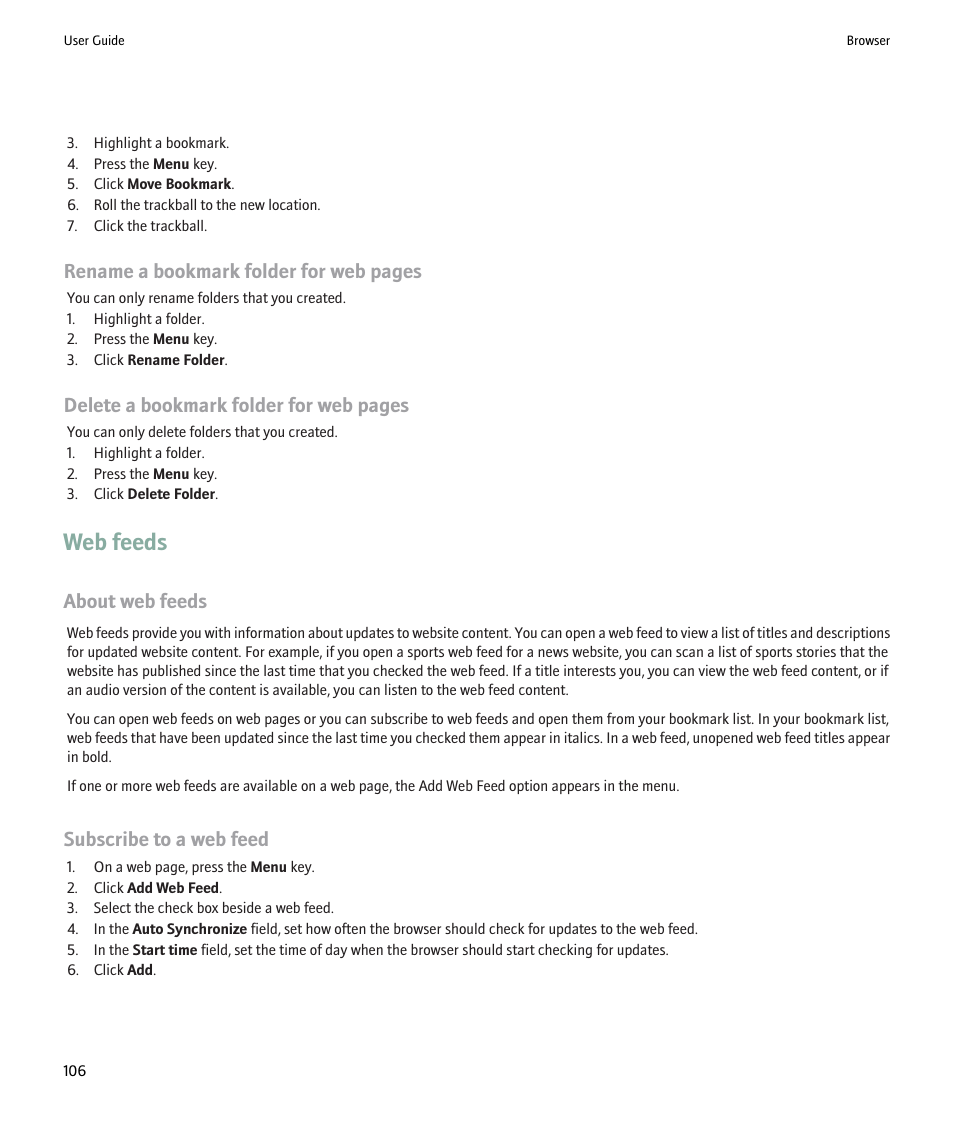 Web feeds, Rename a bookmark folder for web pages, Delete a bookmark folder for web pages | About web feeds, Subscribe to a web feed | Blackberry Pearl 8220 User Manual | Page 108 / 277