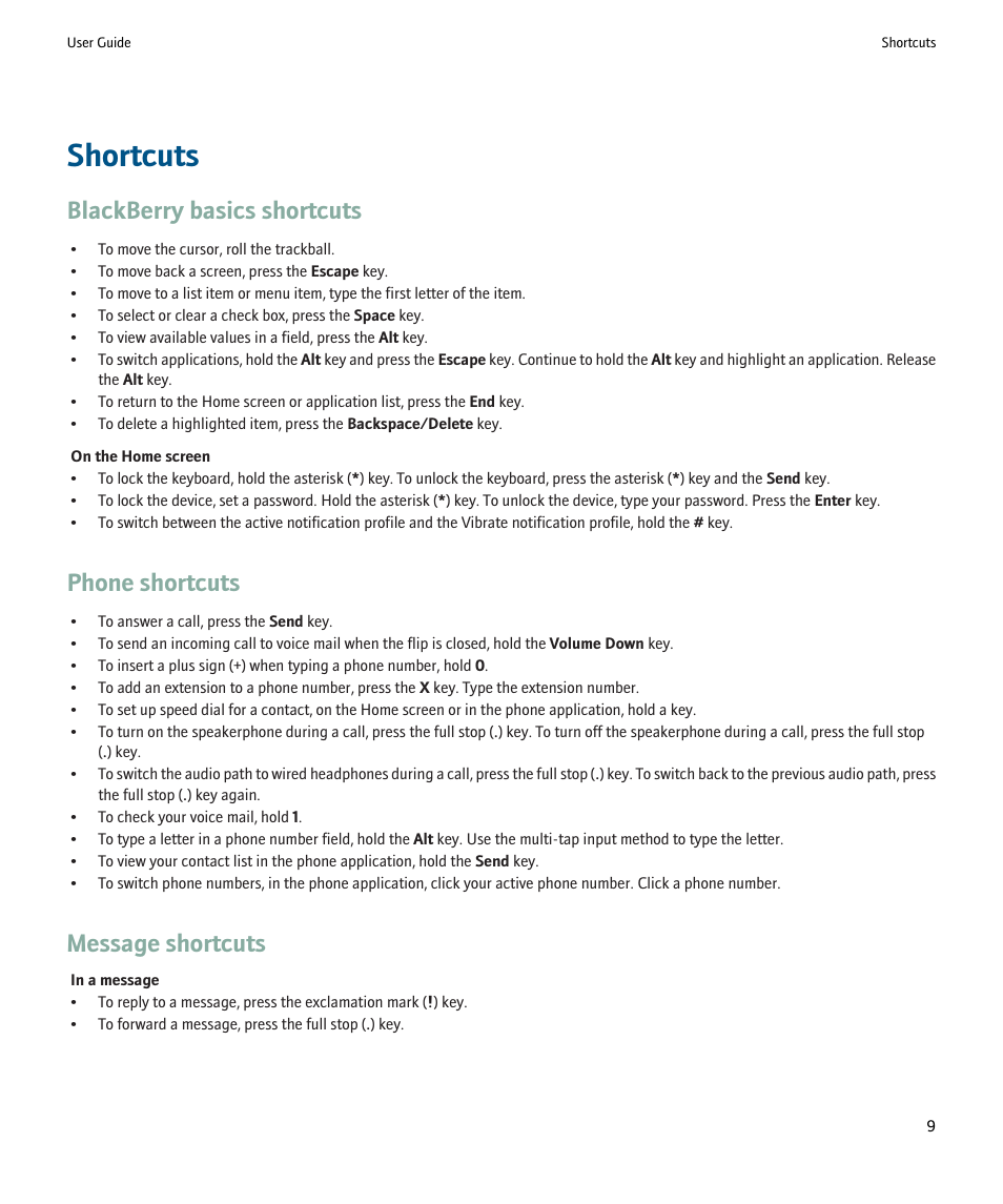 Shortcuts, Blackberry basics shortcuts, Phone shortcuts | Message shortcuts | Blackberry Pearl 8220 User Manual | Page 11 / 277